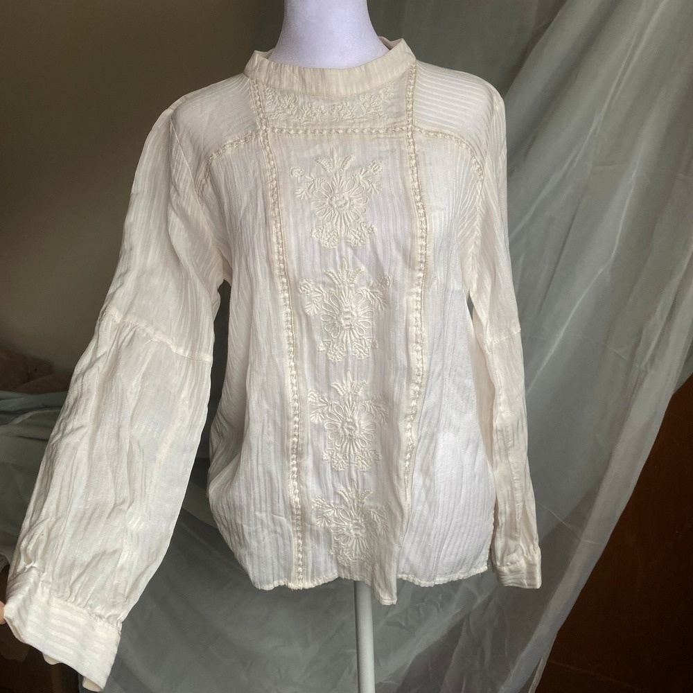 Embroidered‎ Striped Cream Peasant Blouse Medium Boho Victorian Prairie Romantic